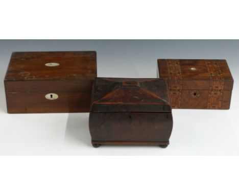 Mother of pearl inlaid rosewood work box with lift-out tray, mahogany tea caddy and a Tunbridge Ware box, width of largest 27