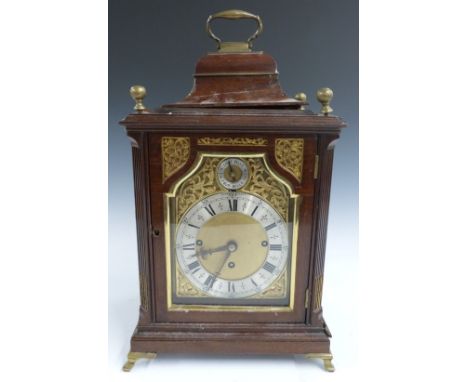 Victorian mahogany chiming bracket clock, c1880 with 5 inch Roman silvered chapter ring, gilt foliate and bird spandrels, chi