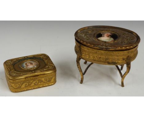 Two gilt metal boxes with inset portrait miniatures of 19thC ladies, largest W9 x D7 x H7cm