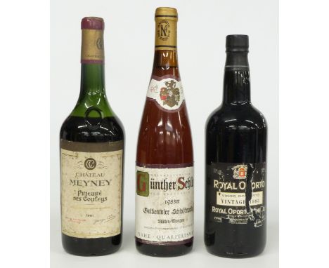 Royal Oporto 1983 vintage port, Chateau Meyney Prieuré Des Couleys 1961 Saint Estepue red wine and a bottle of Gunther Schlin