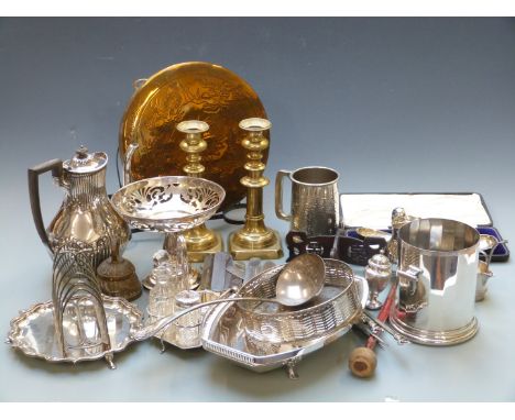 Large collection of silver plated and metal ware including swing handled dish, length 31cm, pierced tazza, footed salver, win