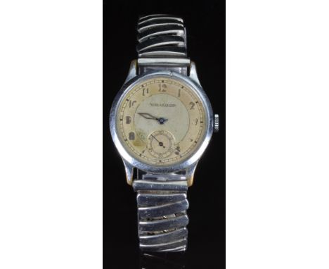 Jaeger LeCoultre gentleman's wristwatch with inset subsidiary seconds dial, blued hands, Arabic numerals, silver dial, stainl