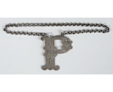 Victorian Scottish hallmarked silver P bottle ticket or label, Edinburgh hallmark, maker's mark JR, weight 7g