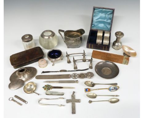 White metal coin based dish, hallmarked silver lid and a hallmarked silver ladle bowl, weight 96g, hallmarked silver mounted 