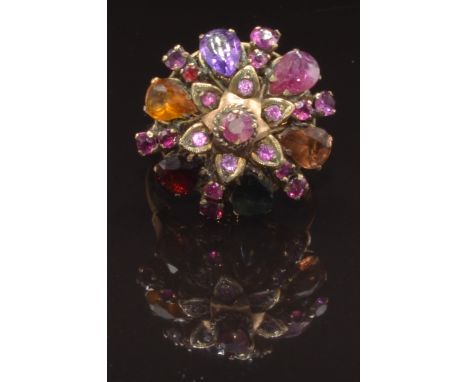 A yellow metal ring set with sapphires, rubies, garnets, amethyst, topaz and citrine, size Q, 6.1g