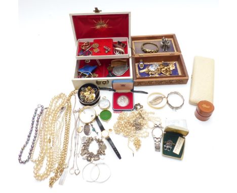 A collection of jewellery including pearl necklace, silver items including charm bracelet, necklace, bangles, fob and ingot, 