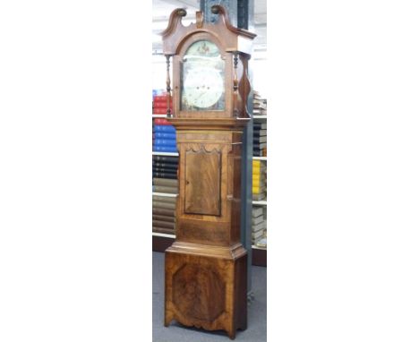 19thC Helliwell of Leeds 8 day longcase clock, the flame mahogany case with&nbsp;inlay and marquetry, with swan neck pediment