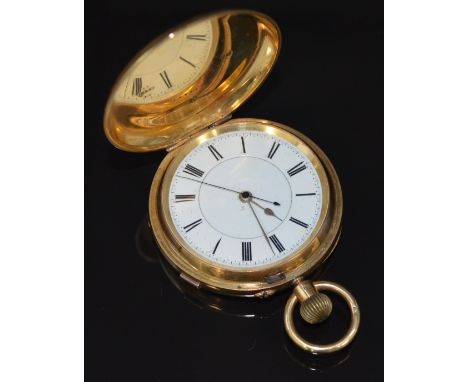 Unnamed 18ct gold keyless winding full hunter chronograph or doctor's pocket watch with blued centre seconds hand, gold hour 