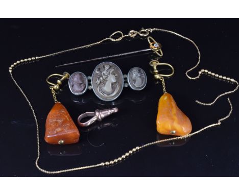 A 9ct gold stick pin set with a diamond, a pair of amber earrings, 9ct gold chain, 9ct gold clip (3.4g) and lava cameo brooch