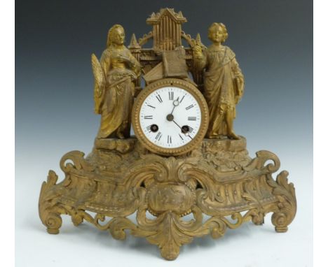 19thC figural mantel clock with Roman enamel dial, Breguet style hands, and two train movement stamped DC 298, striking on a 