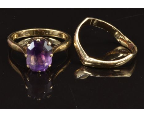 A 9ct gold ring set with an amethyst, 2.6g, size R, and a 9ct gold ring, 1.3g, size K