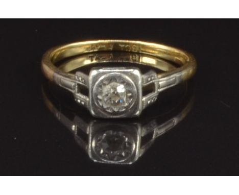 Art Deco 18ct gold ring set with a diamond in a square platinum setting, size J, 1.9g