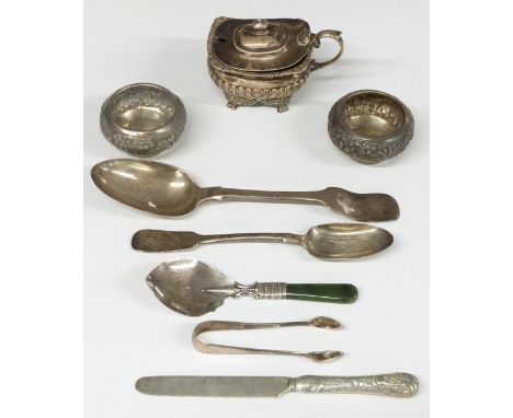 Hallmarked silver mustard and two fiddle pattern spoons, all marked West &amp; Son of Dublin, caddy or similar spoon marked s