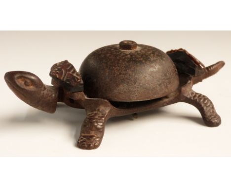 Vintage clockwork tortoise desk bell operated by pressing the head or tail, 14cm long