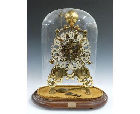 Twentieth century double fusee brass skeleton clock with cathedral shaped top stamped 'Classic Clocks England', Roman silvere