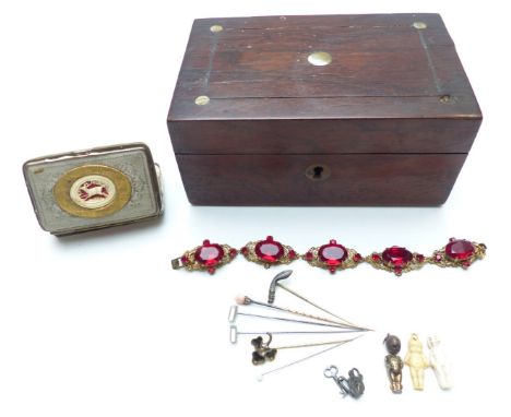 Victorian stick pin set with diamonds and coral, kukri stick pin, 'fumsup' charm, Czech bracelet etc in an inlaid wooden box&