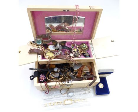 A collection of costume jewellery including silver rings, Japanese brooch and bracelet, silver locket, silver christening ban