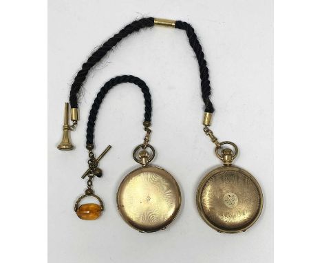 TWO GILT-METAL HUNTING CASED POCKET WATCHES WITH GILT-METAL MOUNTED WOVEN HAIR ALBERTS, LATE 19TH CENTURY both keyless wound,