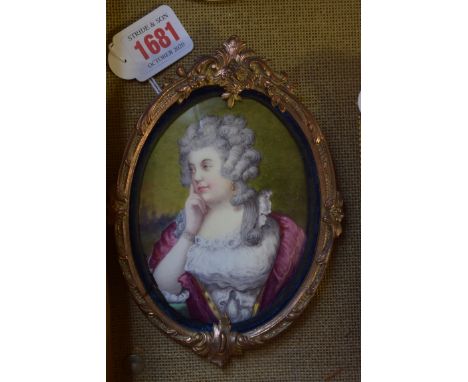 After Sir Joshua Reynolds,&nbsp;bust length portrait miniature of Mrs Jane Braddyl, enamel, 12 x 8.8cm oval. 