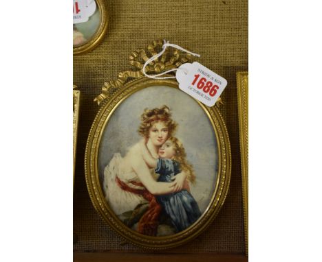 After Elisabeth Vigee Le Brun, self portrait miniature of the artist with her daughter, indistinctly signed, probably on ivor