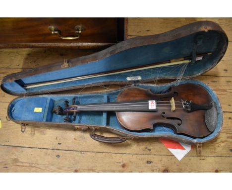 An antique Continental violin,&nbsp;indistinctly labelled to interior, with 14in one piece back, (crack to lower body), with 