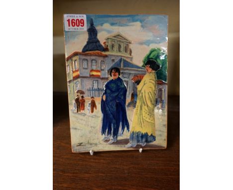 A Spanish painted tile by Daniel Zuloaga, signed, further impressed verso, 21 x 15.5cm. 