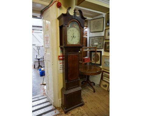 A 19th century mahogany and line inlaid eight day longcase clock,&nbsp;with 13in painted arched dial, 221cm high, with pendul