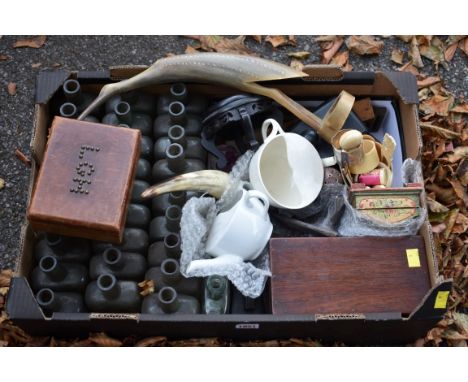 A mixed lot; to include a quantity of old glass bottles; a microscope by J White, a box of old keys and sundry.&nbsp;This lot