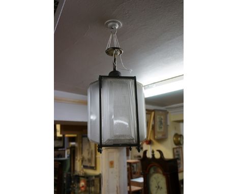 A scarce vintage Holophane and patinated brass ceiling lantern, total height 38cm. 