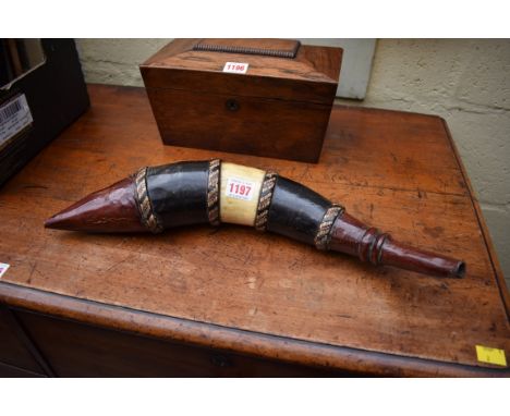 Ethnographica: a tribal horn and leather flask, 46.5cm long. 