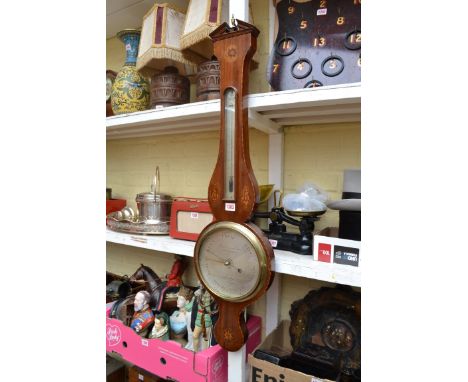 A 19th century mahogany and inlaid banjo barometer, the silvered dial inscribed 'Minola, 39 Leath Lane, Holborn, London'. 