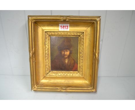 Manner of Rembrandt, head and shoulders portrait of a man wearing a fur trimmed hat and cloak, oil on panel, 11.5 x 9cm.&nbsp