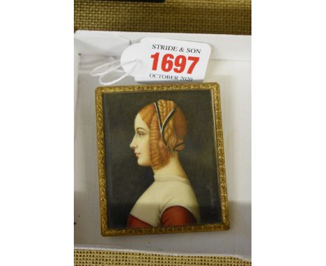 After Sandro Botticelli,&nbsp;portrait miniature of Giovanna Donna, indistinctly signed, probably on ivory, 6.5 x 5.5cm. 