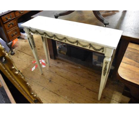 A Louis XVI style white painted marble top console table,&nbsp;100cm wide.&nbsp; 