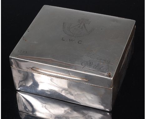 A Geo. V. silver table cigarette box of plain rectangular form, engraved with Oxfordshire & Bedfordshire Light Infantry crest