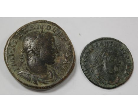 Roman, AE sestertius circa 232 ACE, Severus Alexander laureate and draped bust, rev. Mars advancing right holding spear and s