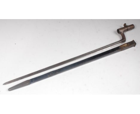 A Martini Henry 1871 pattern socket bayonet, having a 51cm cruciform blade, in a brass mounted leather scabbard, 62cm.
