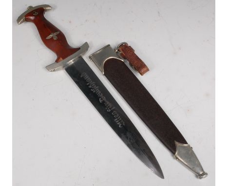 A German Third Reich SA dagger, the 22cm double edged blade etched "Alles fur Deutschland" (All for Germany) with makers mark