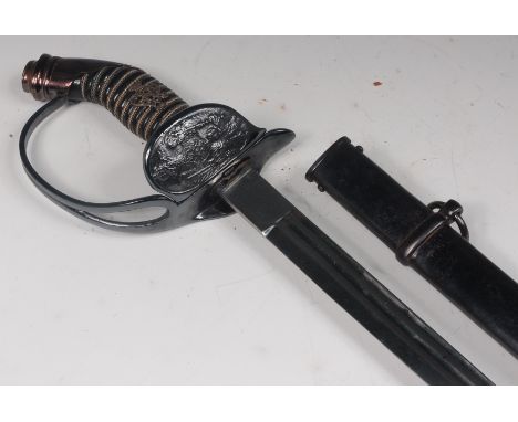 A reproduction Prussian 1889 Imperial Infantry sword, having an 83cm single edged fullered blade, folding guard with eagle em