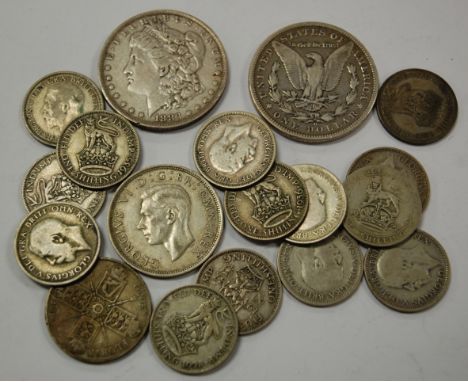 Mixed lot of British and USA silver coins to include; 1883 and 1899 Morgan dollars New Orleans mint, 1943 George VI half crow