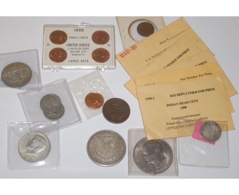 USA, mixed lot of silver and other coins to include; 1921 Morgan dollar, San Francisco mint; 'Indian head' cents; 1886 5 cent