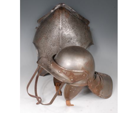 A reproduction English Civil war steel helmet of lobster tail construction, together with a steel breast plate. (2)