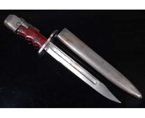 A British No.7 Mk I bayonet, having a  20cm single edged fullered blade, with two piece grip and swivel socket, in a steel sc