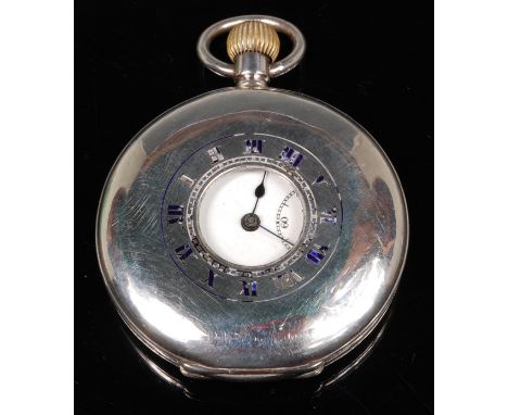 An early 20th century Continental silver cased half hunter pocket watch, having an enamel dial and Roman numerals with subsid