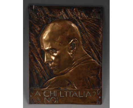 After Giannino Castiglioni (1884-1971) a bronze portrait plaque depicting Mussolini in profile with banners behind him and " 