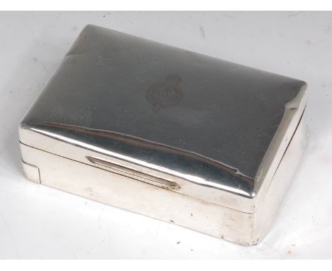 A Geo. V. silver table cigarette box of plain rectangular form, engraved with Oxfordshire & Bedfordshire Light Infantry crest