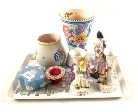 Two Poole floral vases, two pairs of continental porcelain figures plus other items