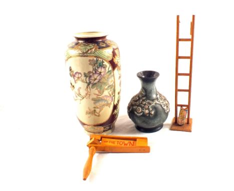 A modern Chinese floral vase, West German vase, wooden rattle and a ladder descending toy