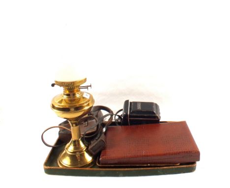 A Brass oil lamp, cameras etc