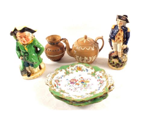 A Doulton Lambeth silicon jug, Copeland teapot, a pair of 19th Century floral dessert dishes and two character jugs